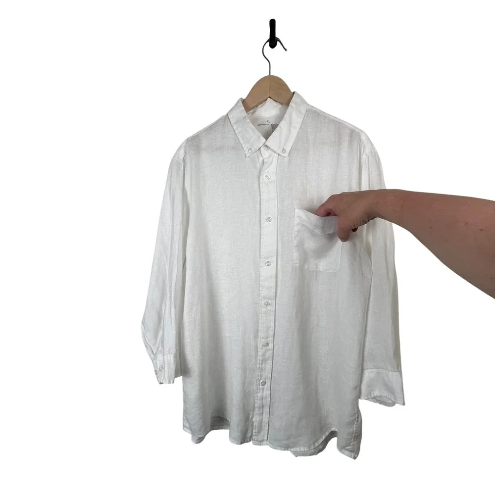 Muji Mens XL White 100% Linen Button Down Shirt 3/4 Sleeve Minimalist Coastal
